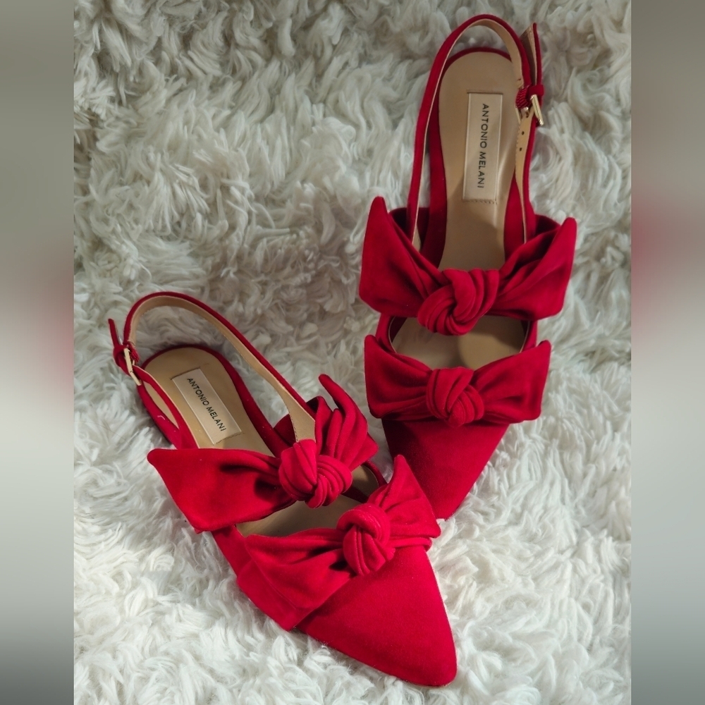ANTONIO MELANI Remalyn Red Suede Double Bow Pointed Toe Slingback Flats - Size 8